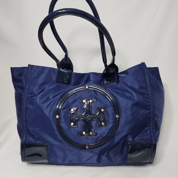 Tory Burch Ella Nylon Tote Navy Blue Patent Trim Logo Large Shoulder Bag Purse - Picture 1 of 16